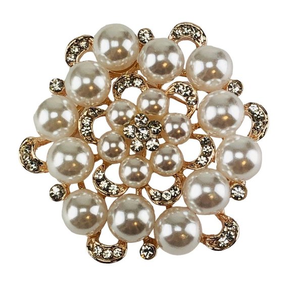 Brooch Simulated Pearl & Crystal Rhinestone Gold Tone - Picture 1 of 2